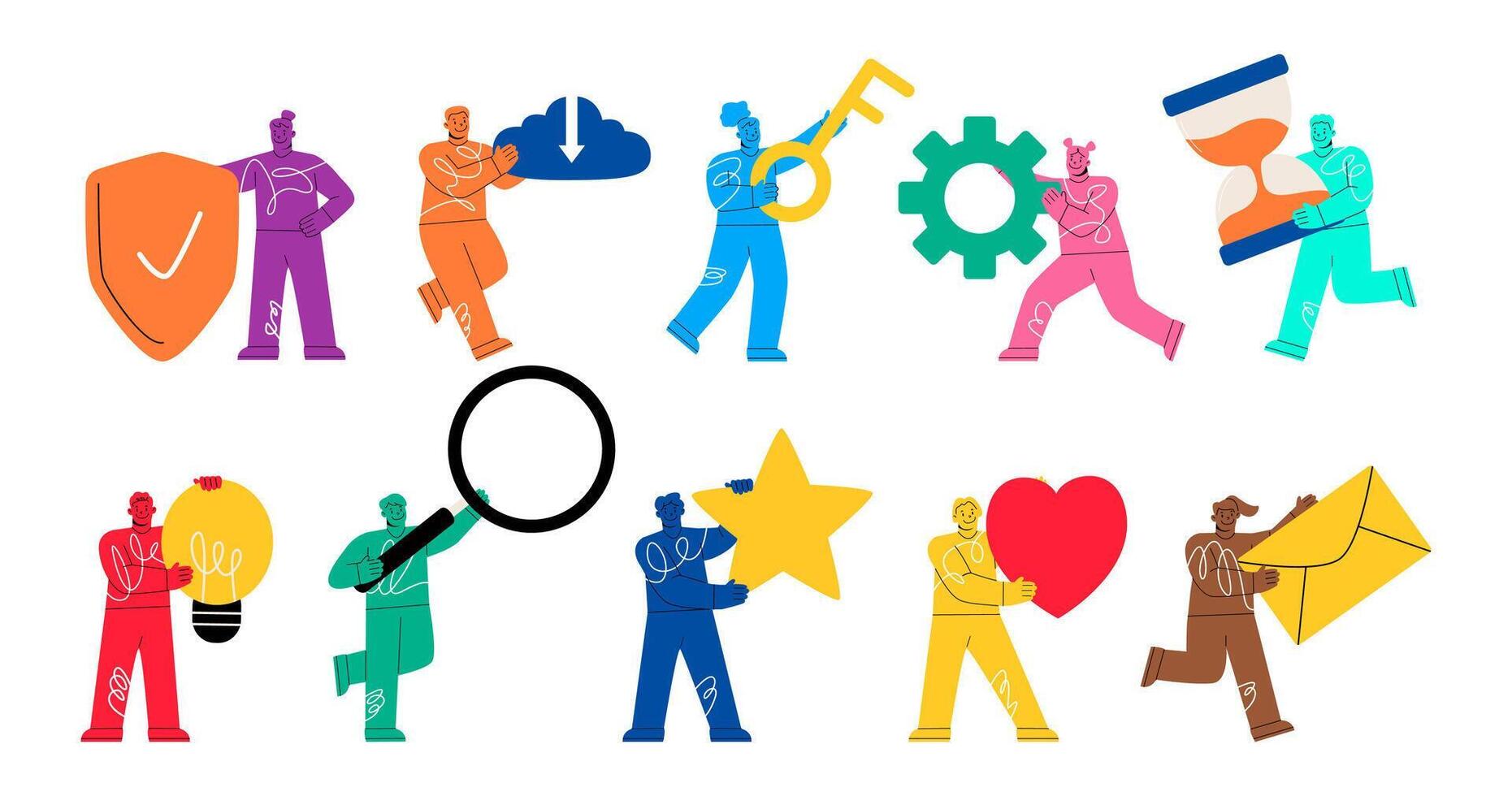 Set of people holding big objects or items. Collection of different people activities. Holding tools. illustration vector