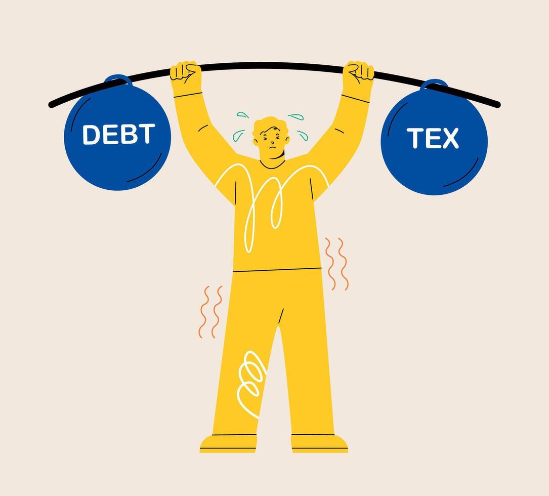 Man lifting some heavy iron ball of debt and tax. Colorful illustration vector