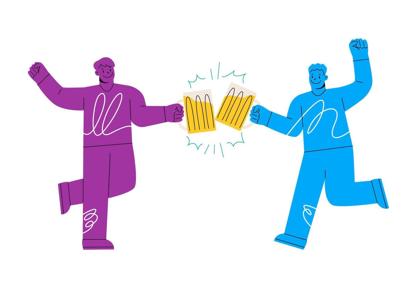 Pub and celebrating beer party concept. Two young man smiling holding mugs of beer clinking celebrating holiday together. Colorful illustration vector