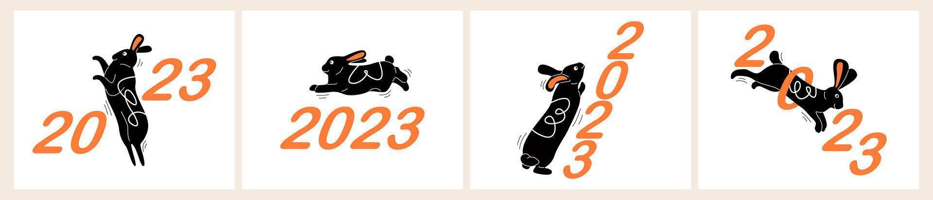 new year 2023 illustration set with black rabbits, numbers. Trendy print design collection, animal lettering typography poster bundle. vector