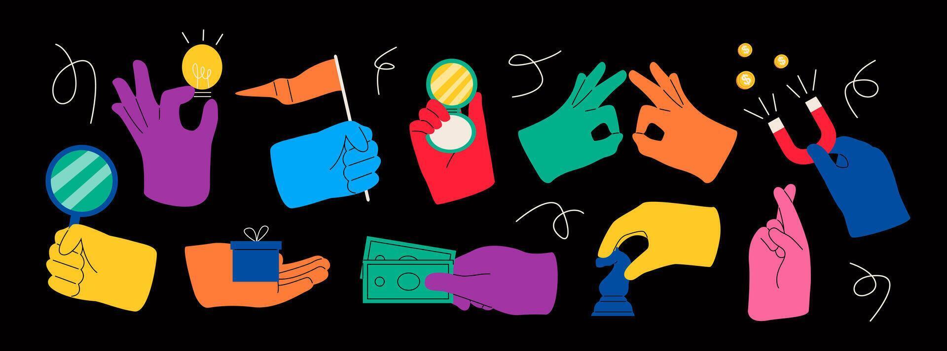 Various hands holding things. Colorful illustration vector