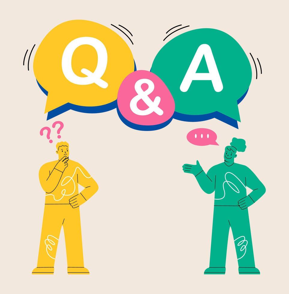 Q and A with man and woman. Question and answer sign. Colorful illustration vector