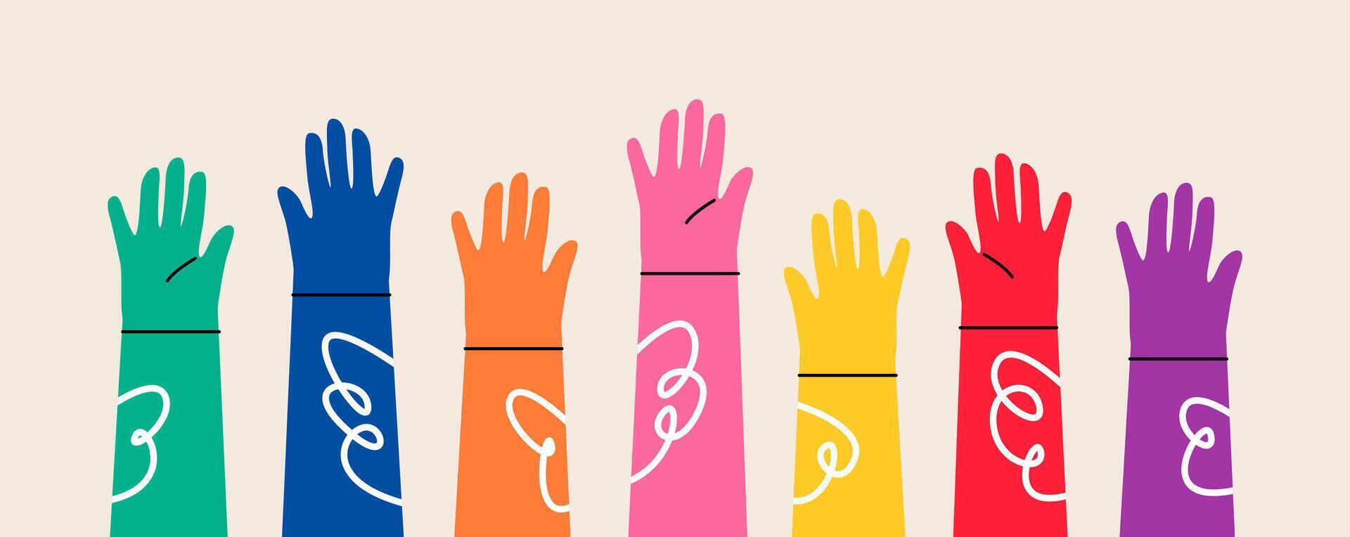 Set of hands raised up. Concept of volunteer community. Colorful illustration vector