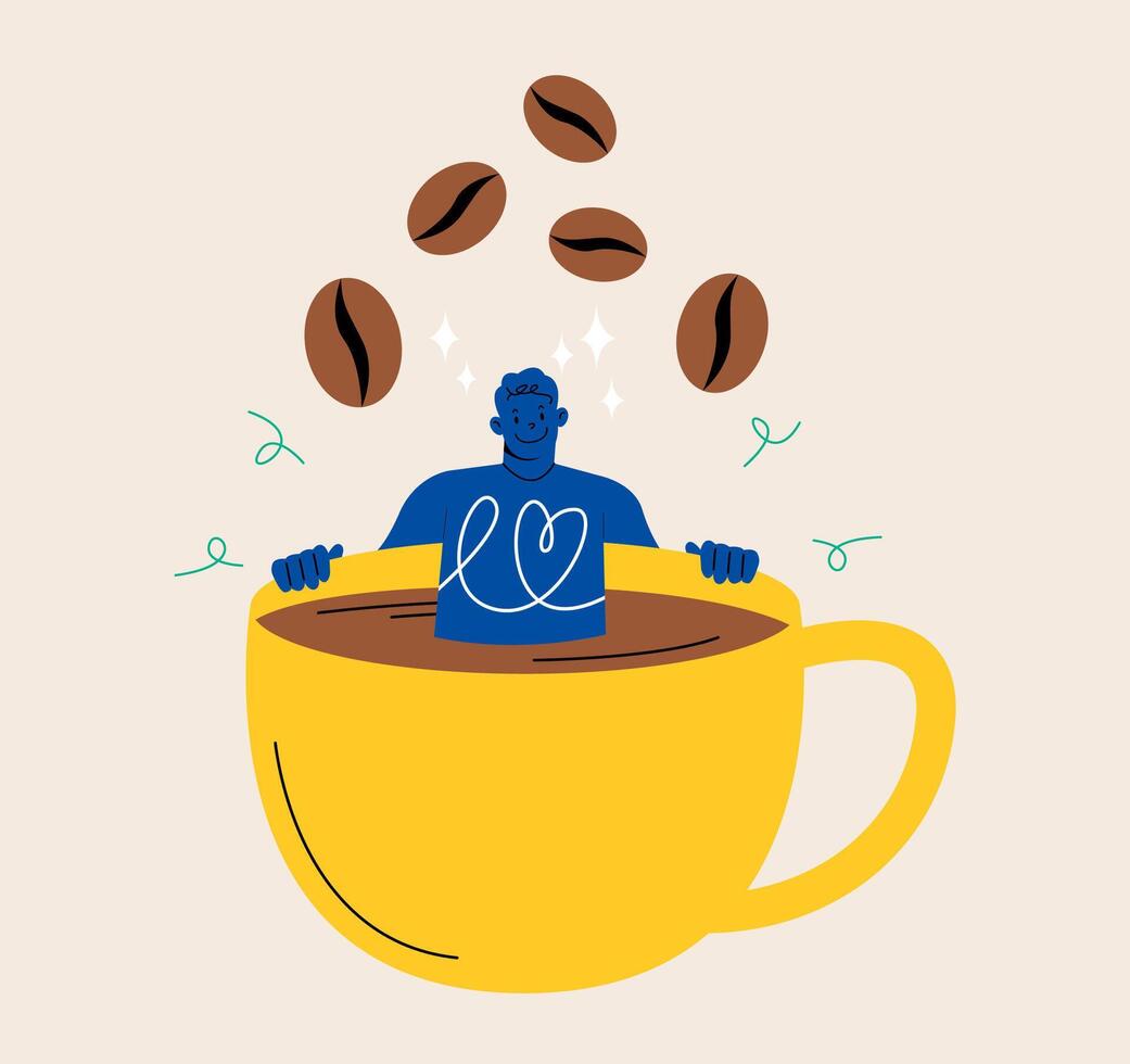 Man relaxing during break in coffee cup. Coffee time, break, relaxation, travel, vacation and holiday. Colorful illustration vector