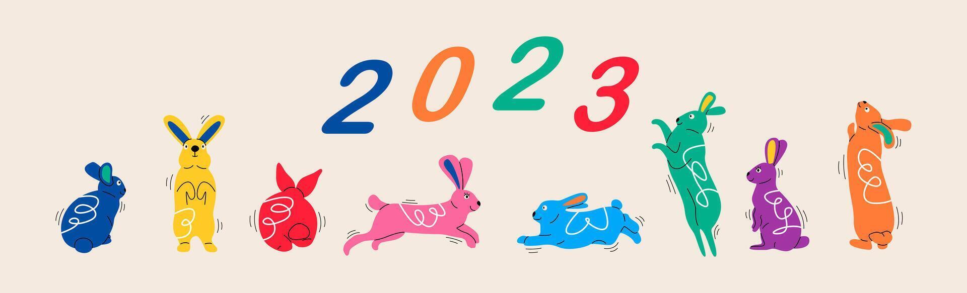 Collection of rabbits illustrations. Chinese new year 2023 year of the rabbit, Chinese zodiac symbol. Colorful illustration vector