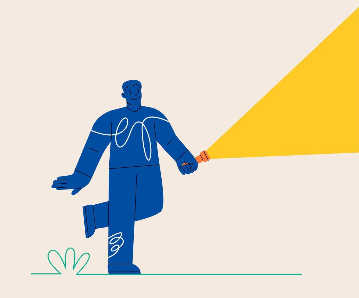 Male holding a flashlight. Concept of searching, adventure. Colorful illustration vector