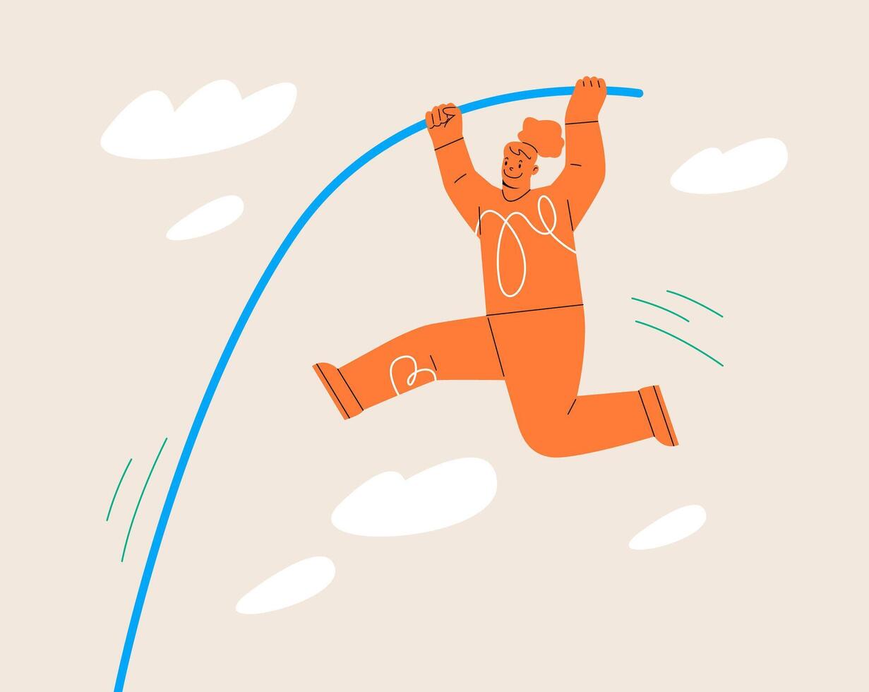 Woman is jumping with pole vault to the target. Colorful illustration vector