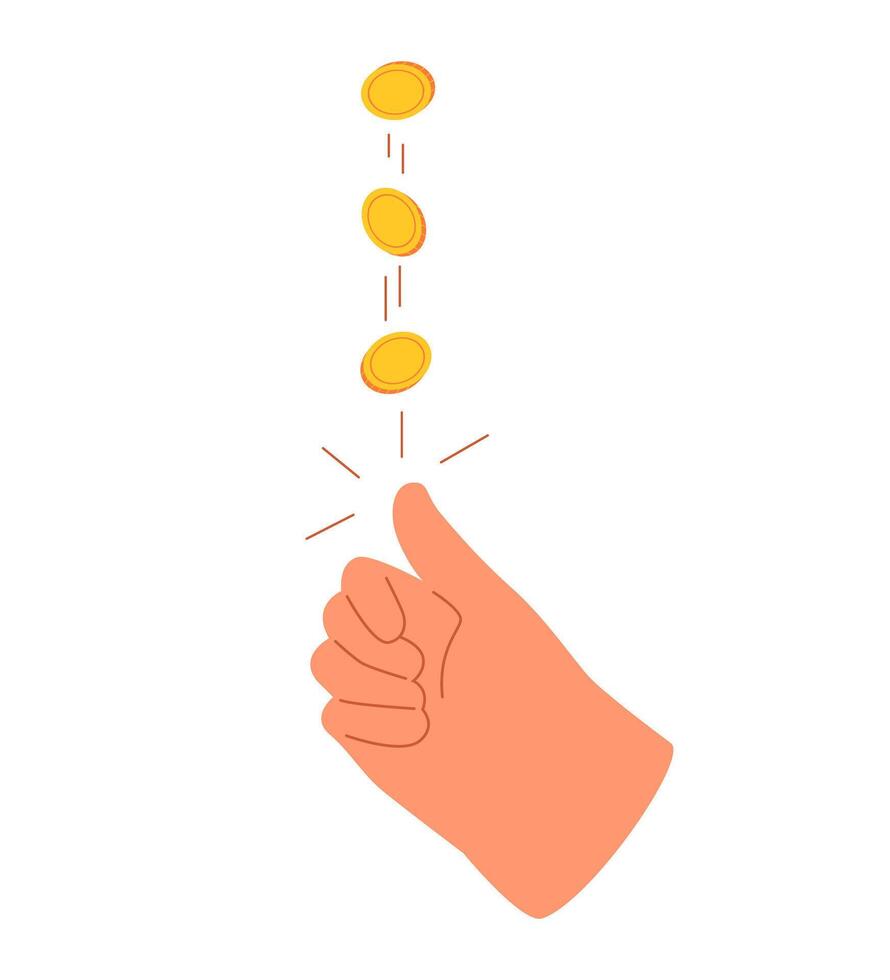 Hand tossing golden coin. Flat illustration isolated on white background. vector