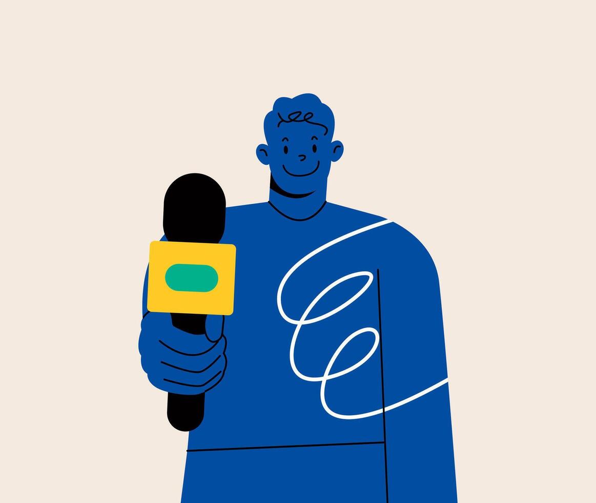 Man holds a microphone in his hand to record sound. Colorful illustration vector