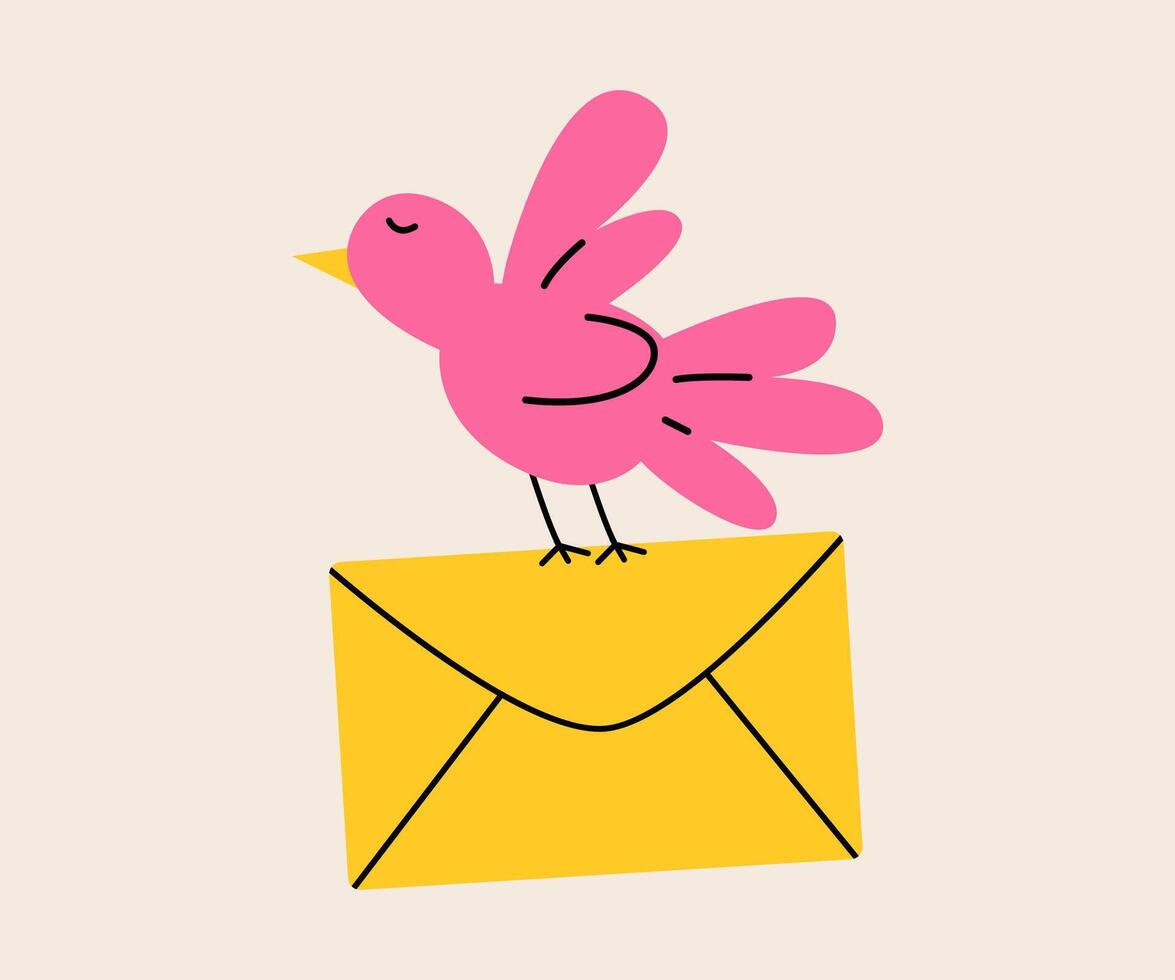 A bird carries an envelope. Messaging, sending letters, contact, or sharing information concept. vector