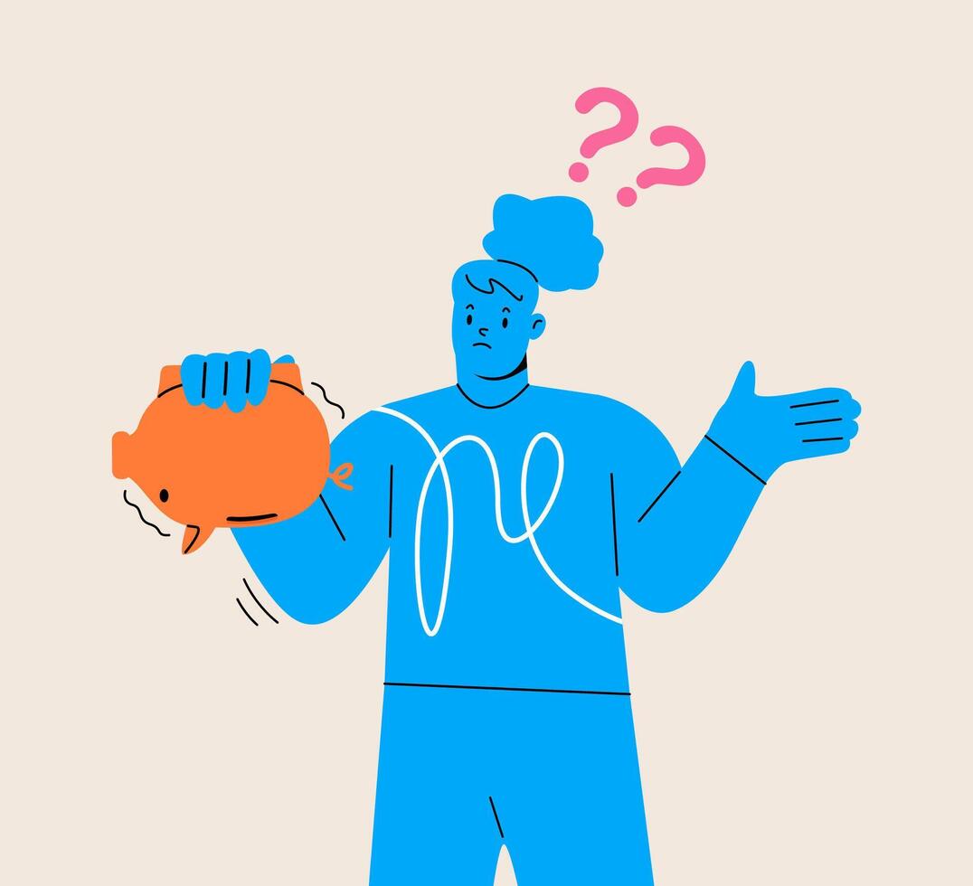 Young frustrated woman standing with empty piggybank. Financial loss concept. Colorful illustration vector