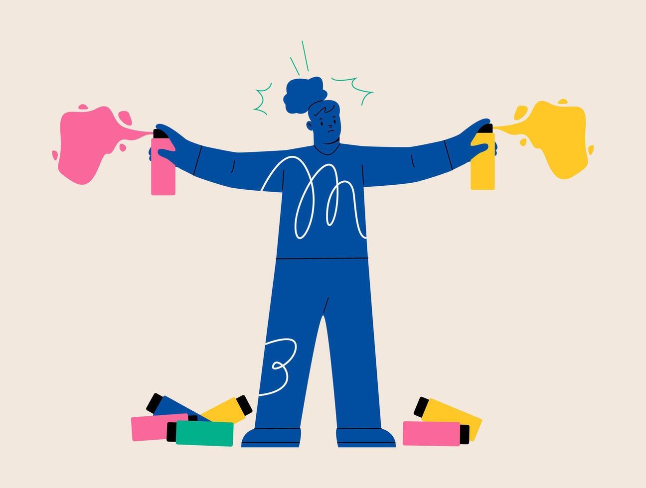 OCD concept with woman fighting with dirt using home cleaning products. Colorful illustration vector