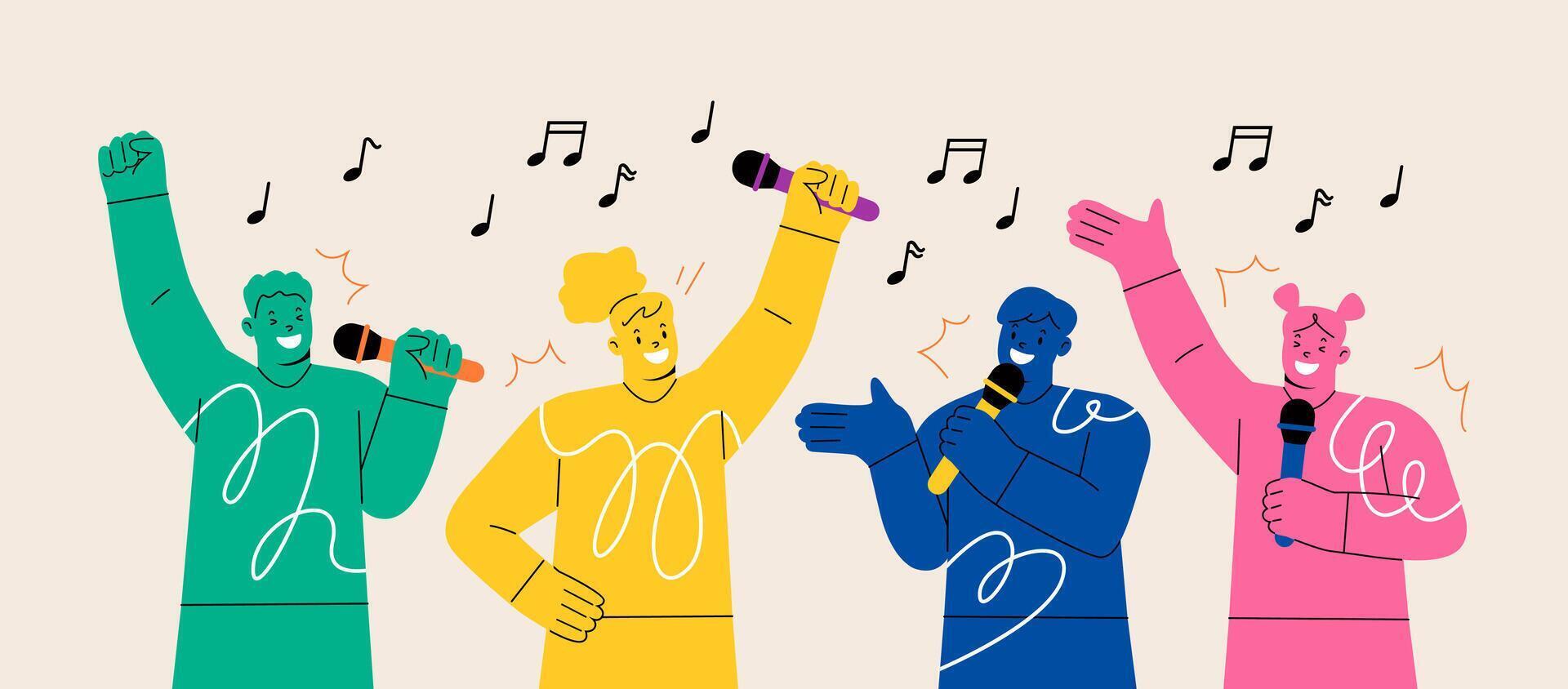Young people with microphones singing a song at a karaoke party. Colorful illustration vector