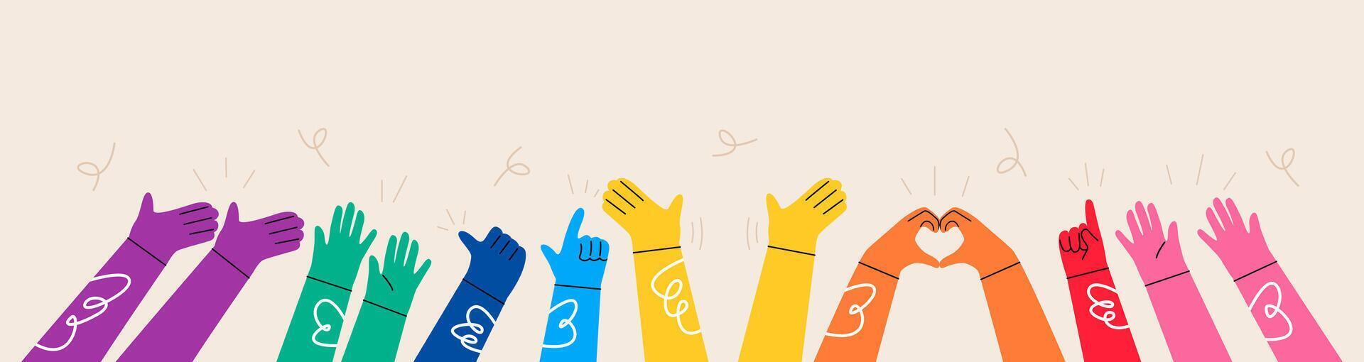 Different color human hands greeting and waving, party, sales concept for advertising. Colorful illustration vector
