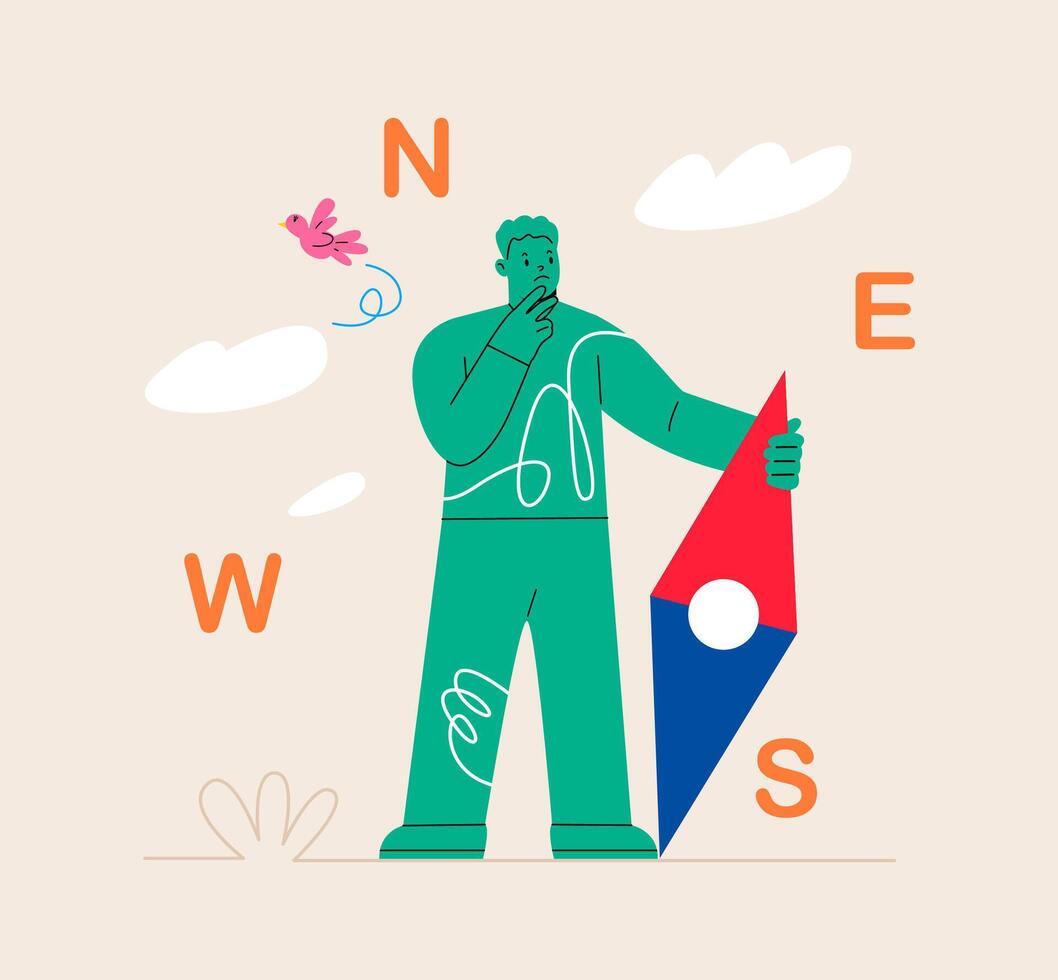 Frustrated man holding broken compass lost direction finding way to go. Colorful illustration vector