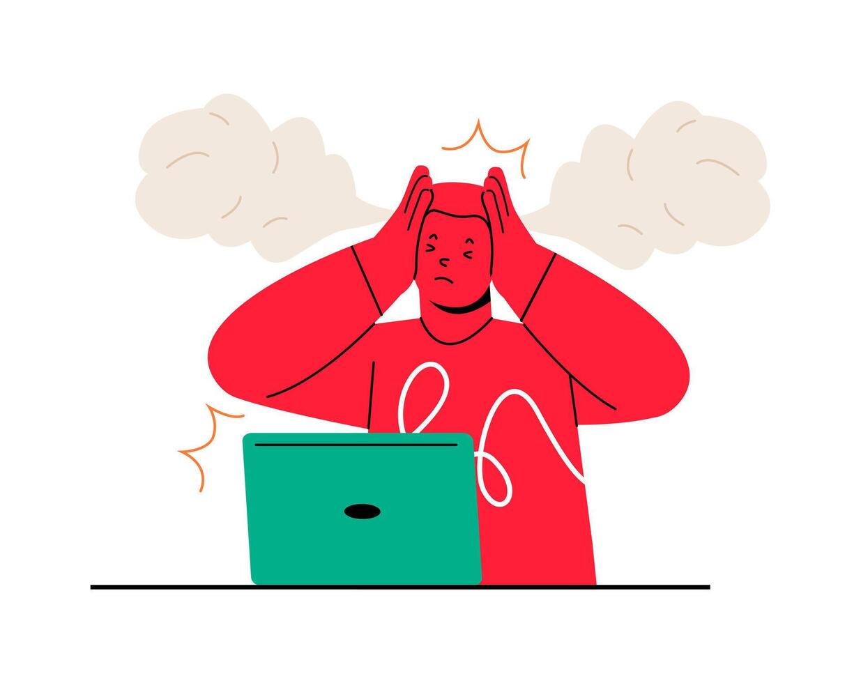 Man losing temper in annoyance, displeasure with computer work. Colorful illustration vector
