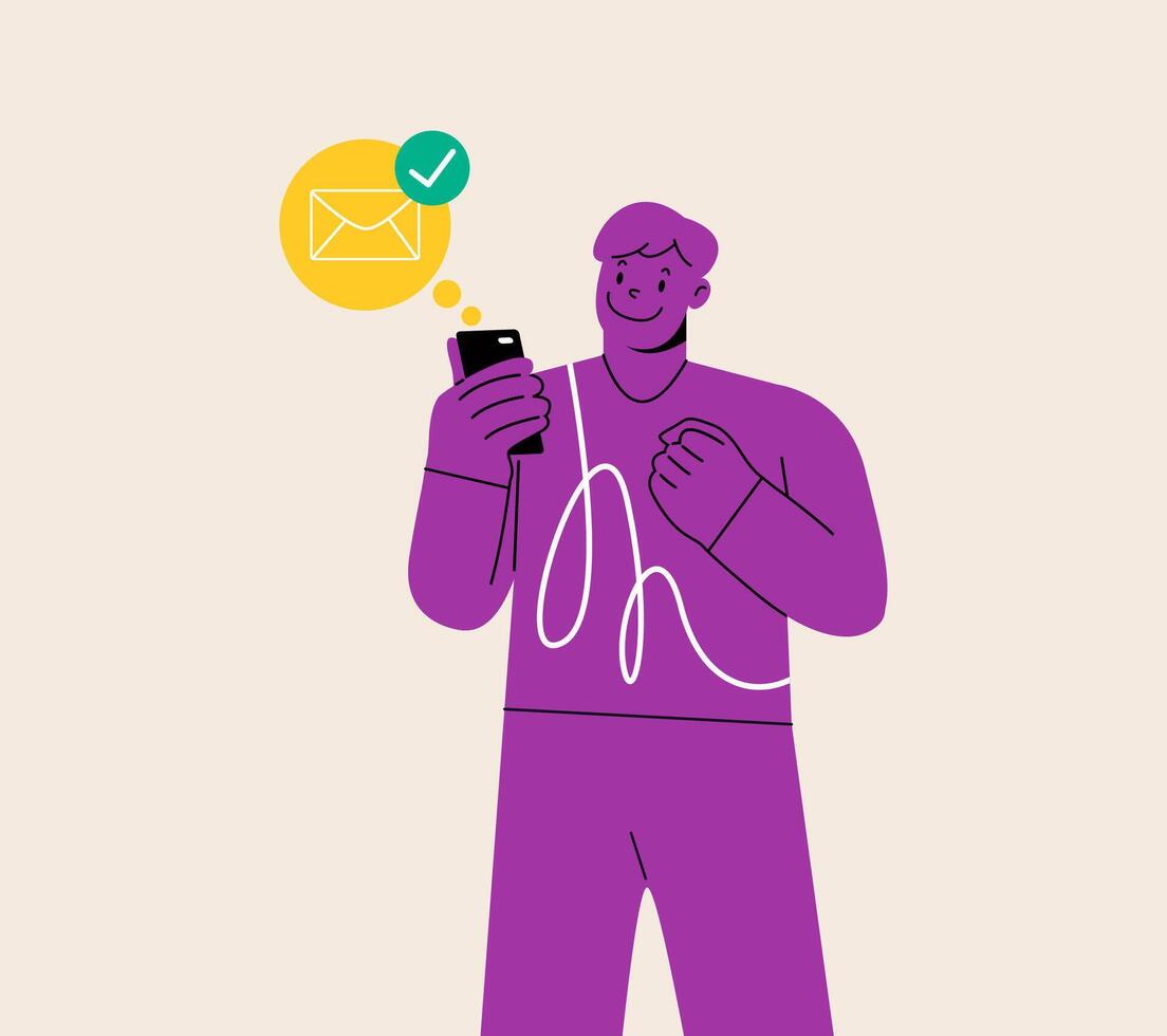 Man checking email on smartphone. Colorful illustration vector