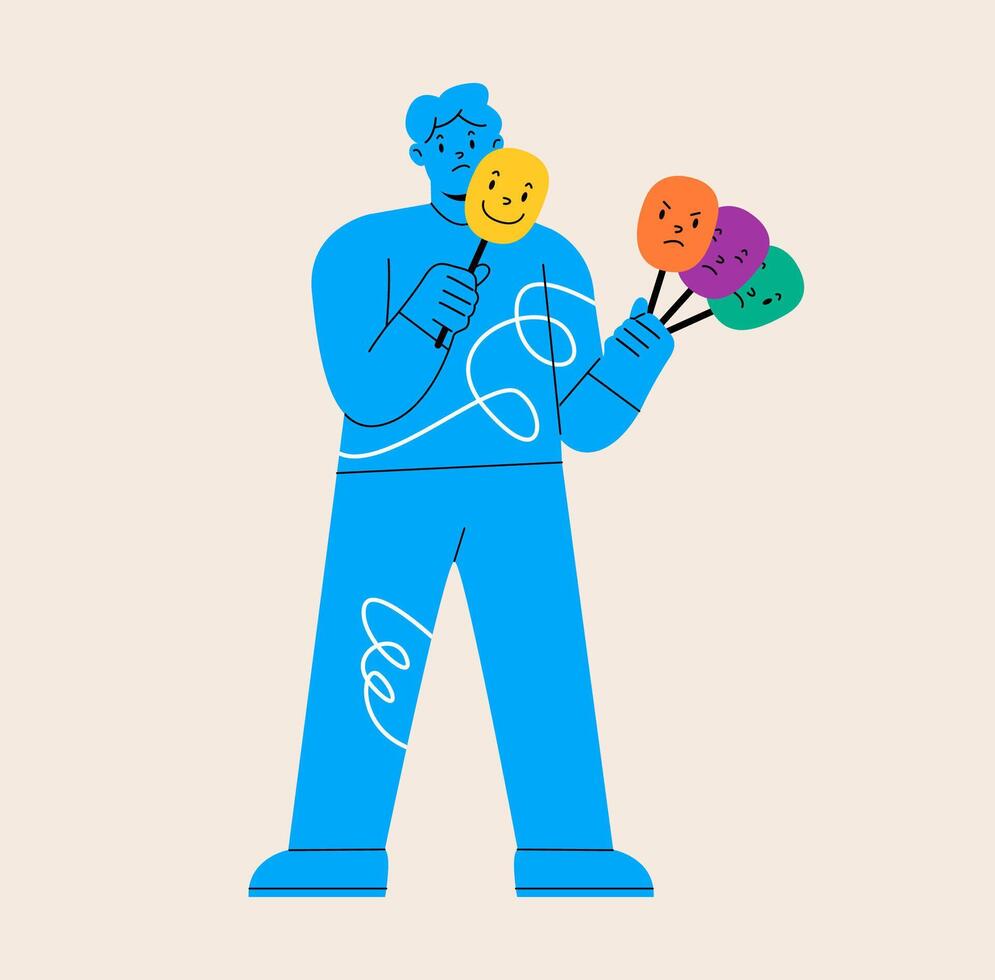 Man holding a mask with different emotions. The young man is confused in his mood. Colorful illustration vector