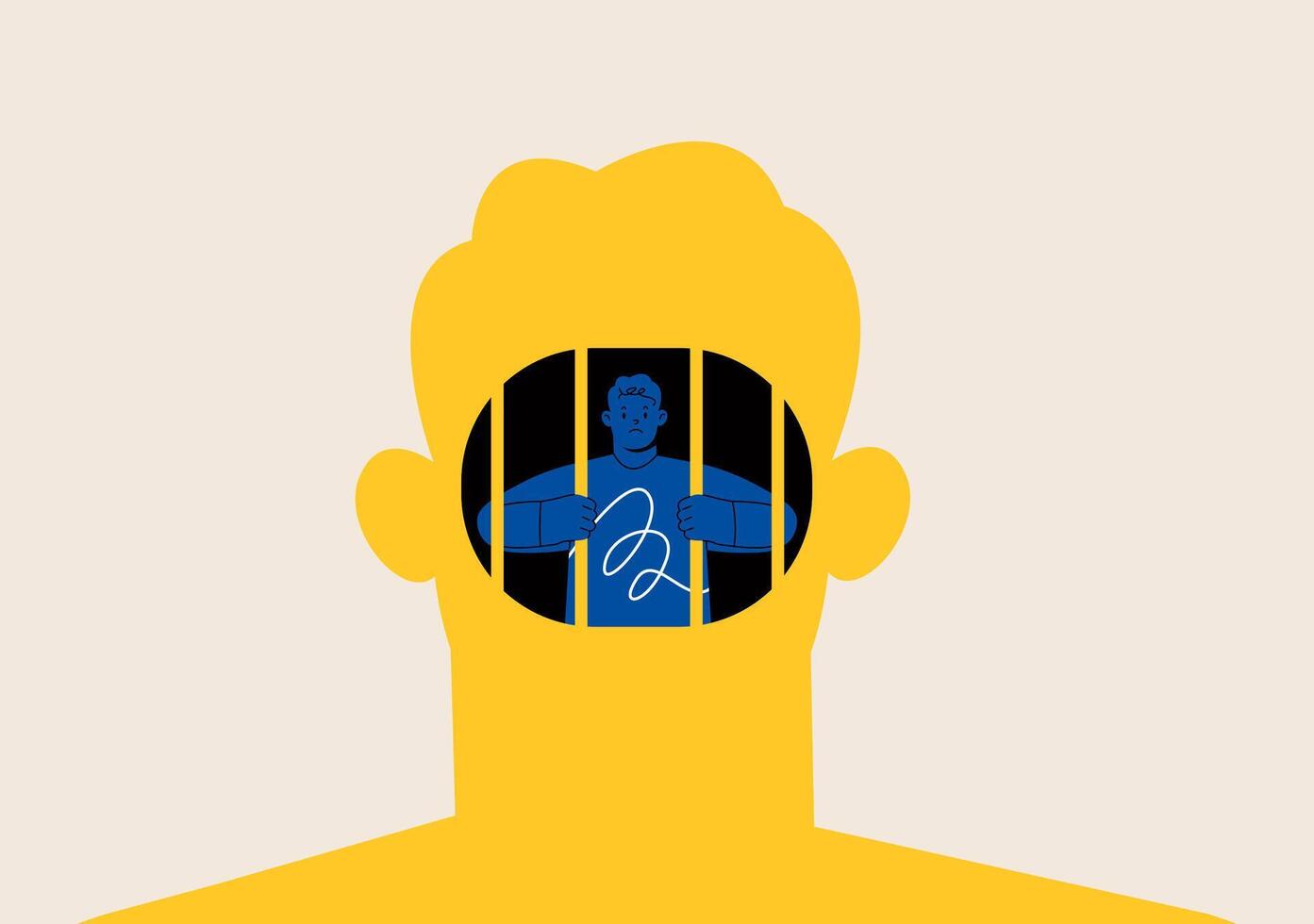 Man in prison of abstract human head. Restriction of freedom of thought. Colorful illustration vector