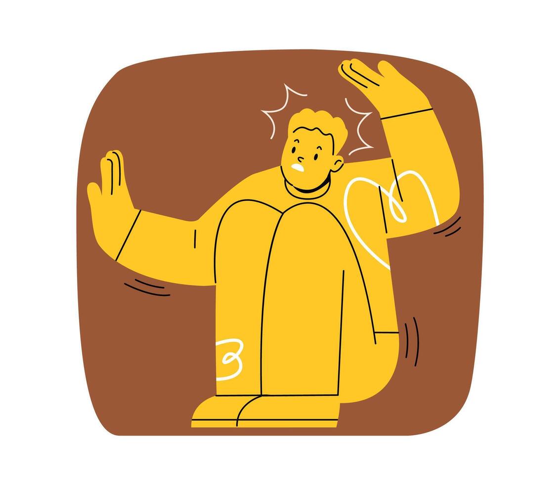 Upset man feeling anxiety and stress. The concept of narrow phobia. Colorful illustration vector