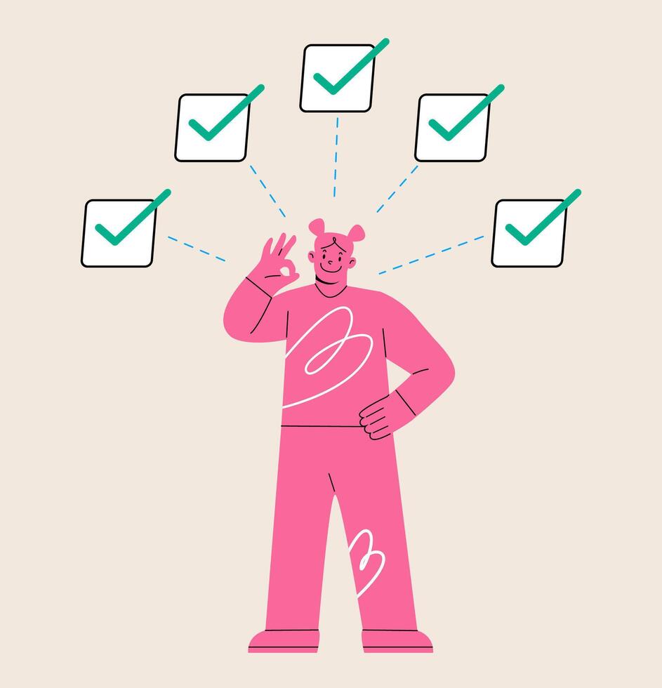 Woman in balance, control in complete done. Skills and effective attitude with learning and self development. Colorful illustration vector