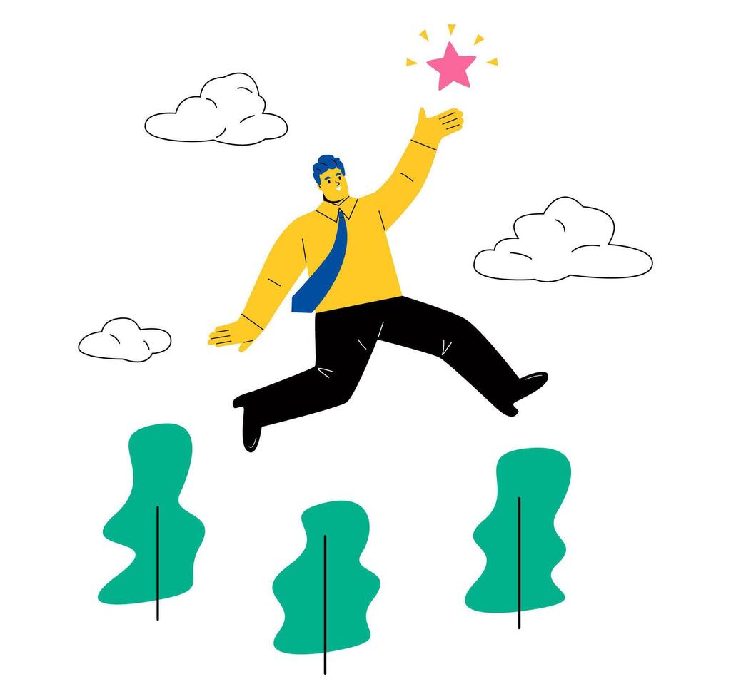 Business man jumped into the sky for a star. way to success. Flat illustration isolated on white background vector