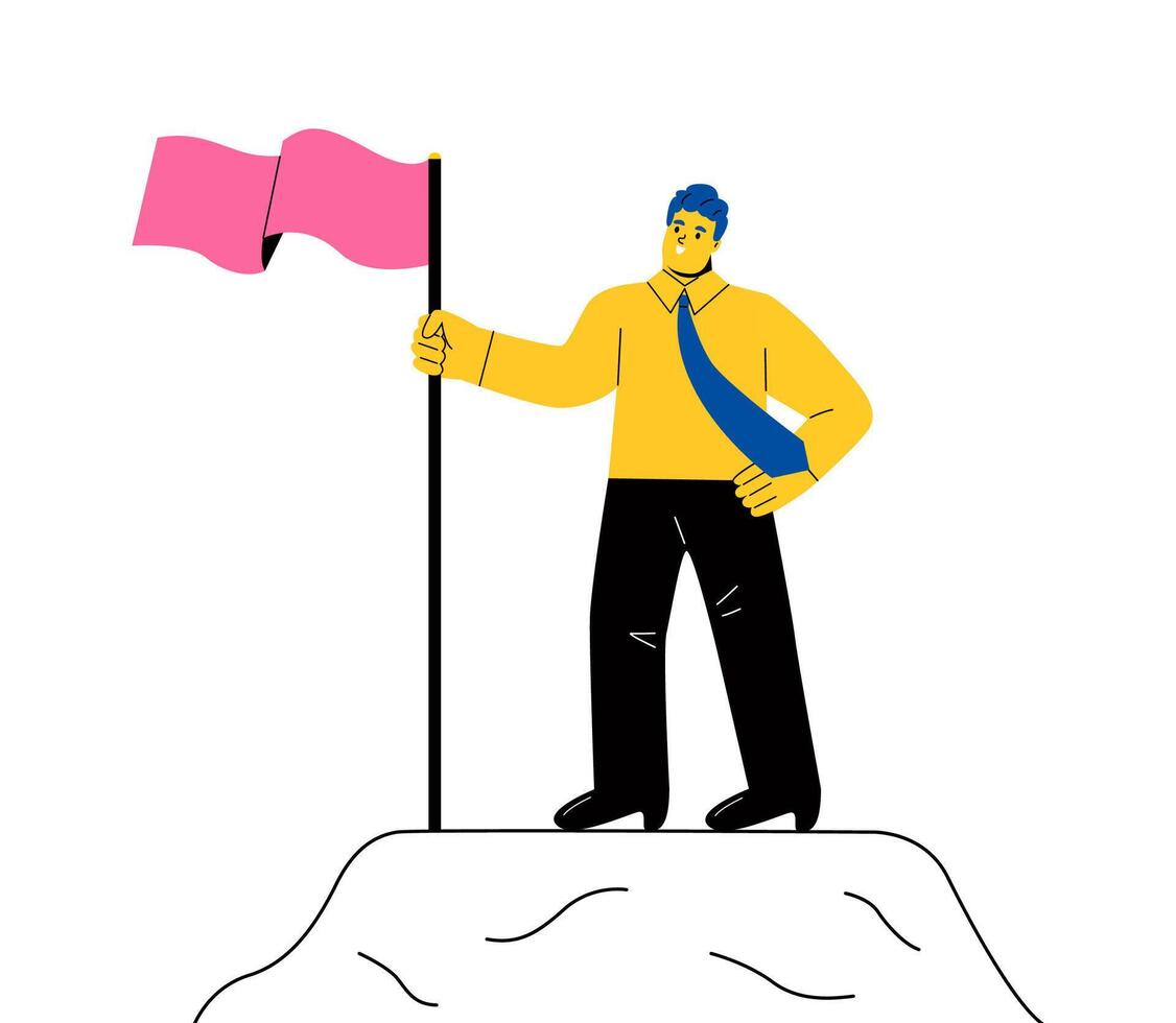 Business man is standing on the top of a mountain and holds a flag. Concept for goals achievement and targets achieved. Flat illustration isolated on white background vector
