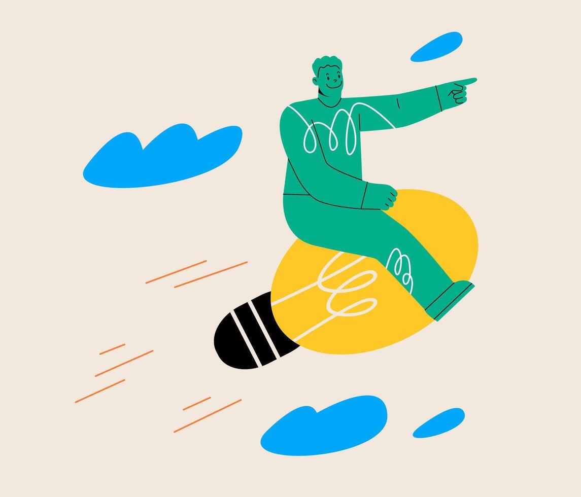 Man flies on huge light bulb. Successful idea. Colorful illustration vector