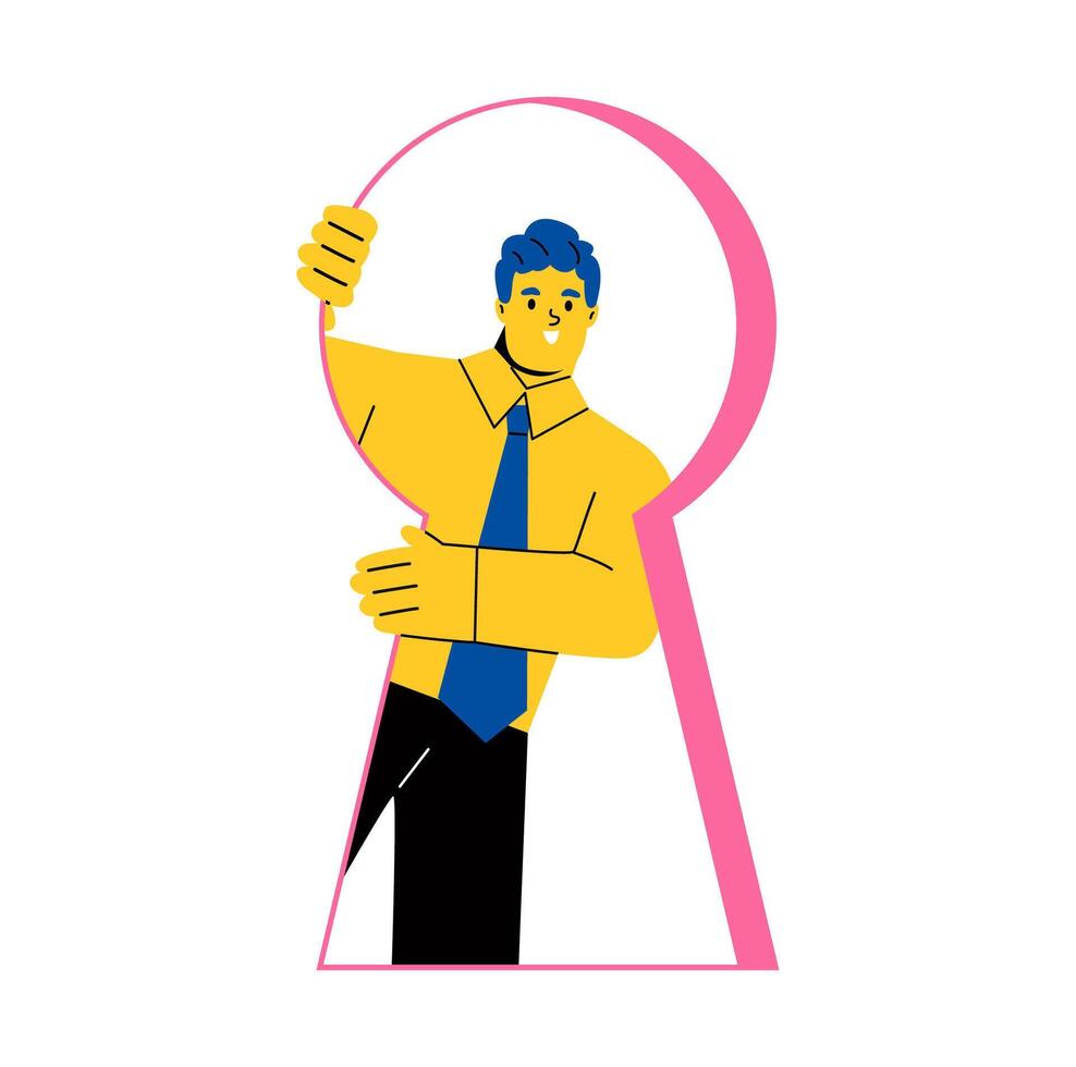 Businessman looking out of giant keyhole with curiosity and amazement at getting ready to come out. Flat illustration isolated on white background vector