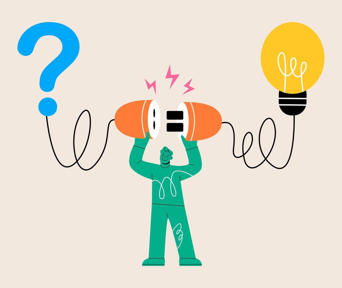 Man connect question mark with lightbulb solution. Solution for problem. Colorful illustration vector