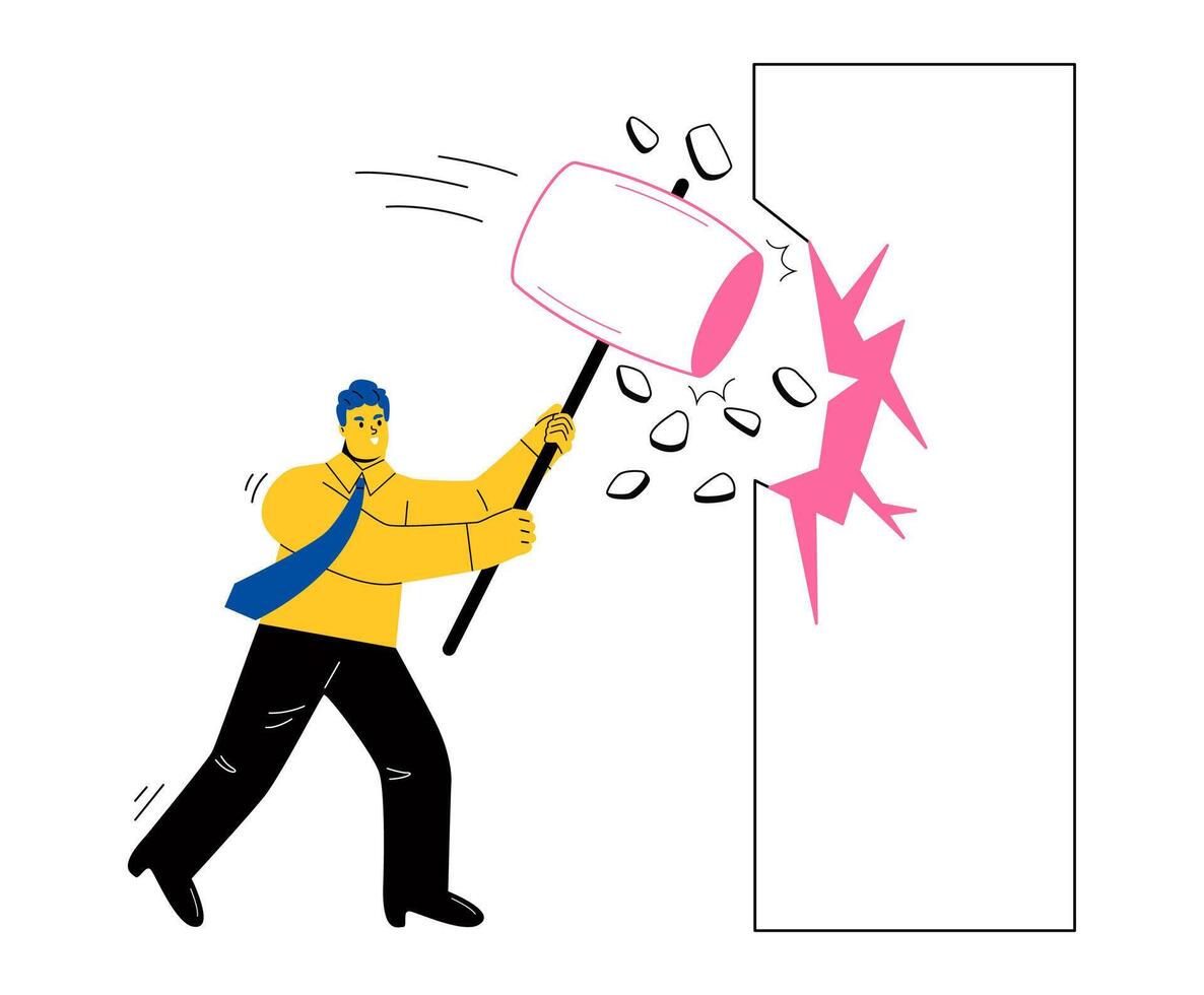 Business man breaking the wall. Breaking the wall to see new work opportunities or career challenge concept. Flat illustration isolated on white background vector