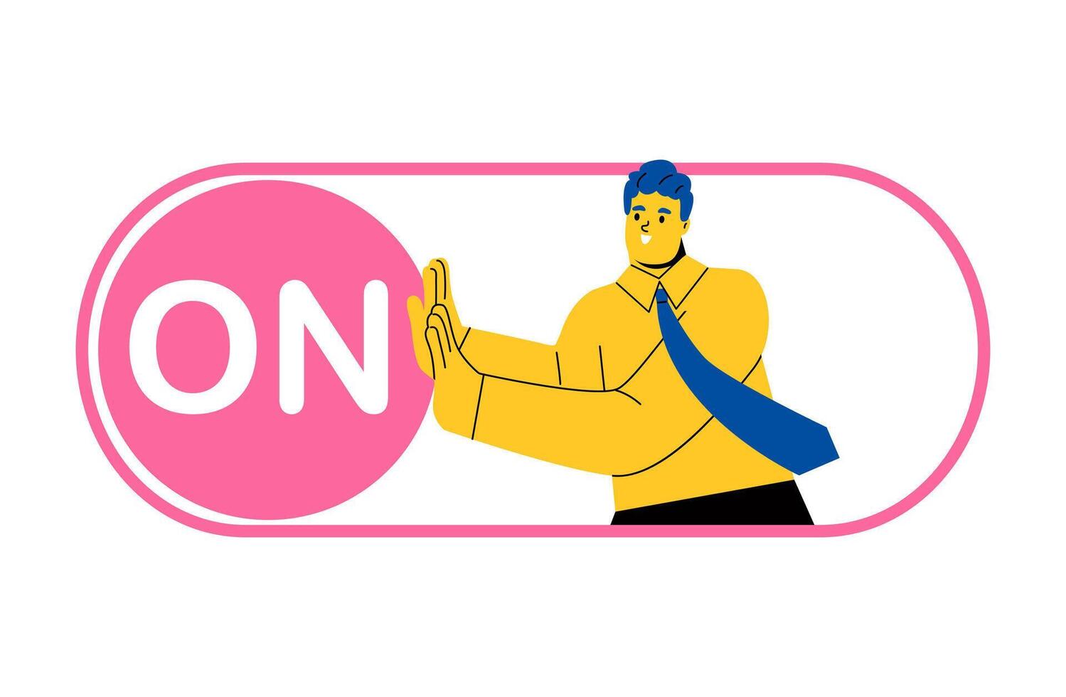 Business startup concept. Business man push sett ing button switch to on position. Flat illustration isolated on white background vector