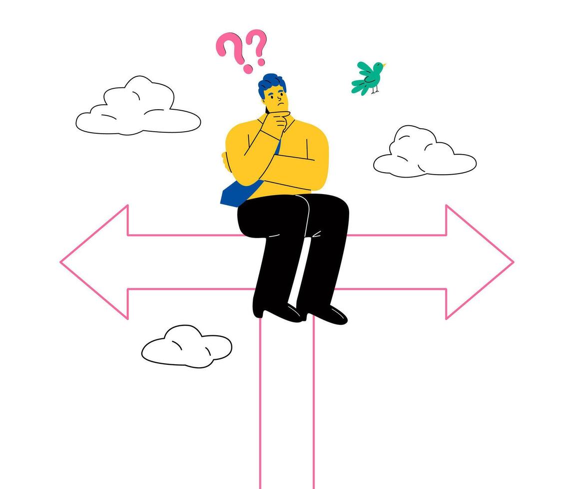 Confusing business man looking at crossroad sign. Work direction or choose the right way to success concept. Flat illustration isolated on white background vector