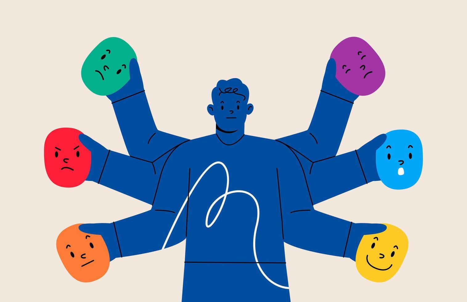 Man hold different emotional masks. Mental disorder. Colorful illustration vector