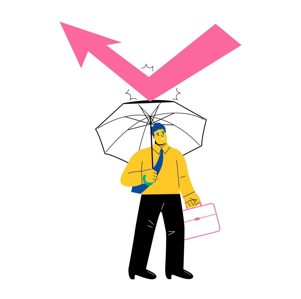 Business man standing with umbrella and defending from thunder lightning arrows hitting. Strategy concept. Flat illustration isolated on white background vector