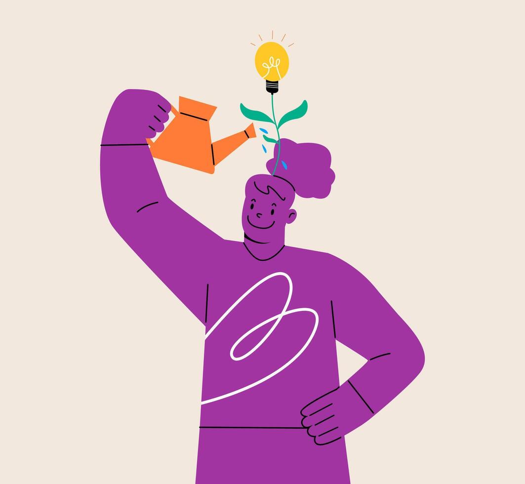 Woman watering a plant with a light bulb. Investment on an innovative concept. Colorful illustration vector