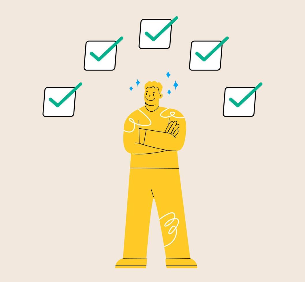 Man in balance, control in complete done. Skills and effective attitude with learning and self development. Colorful illustration vector