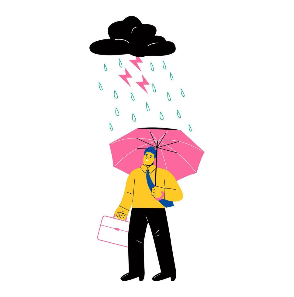 Protection. Business man with umbrella in storm. Concept business. Flat illustration isolated on white background vector
