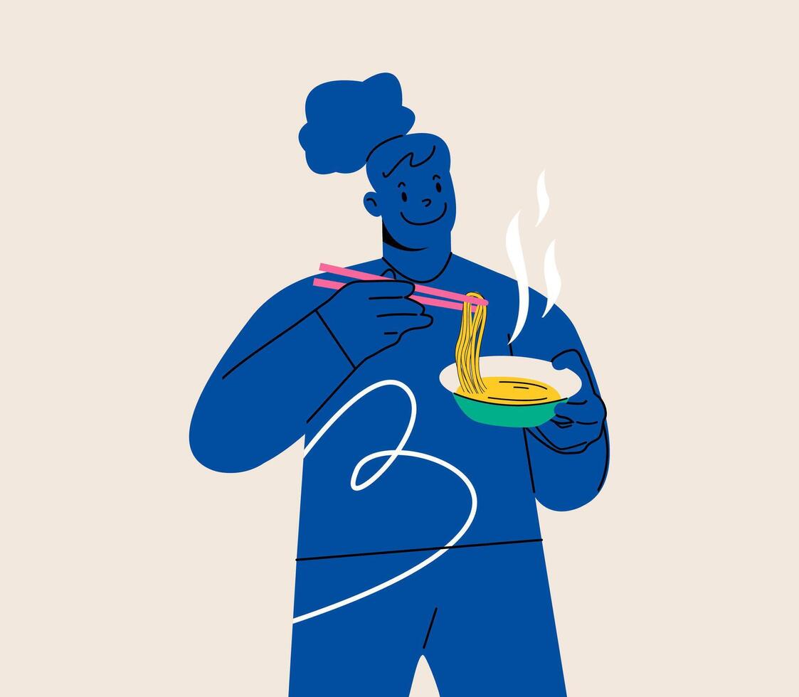 Young woman eating noodles. Colorful illustration vector