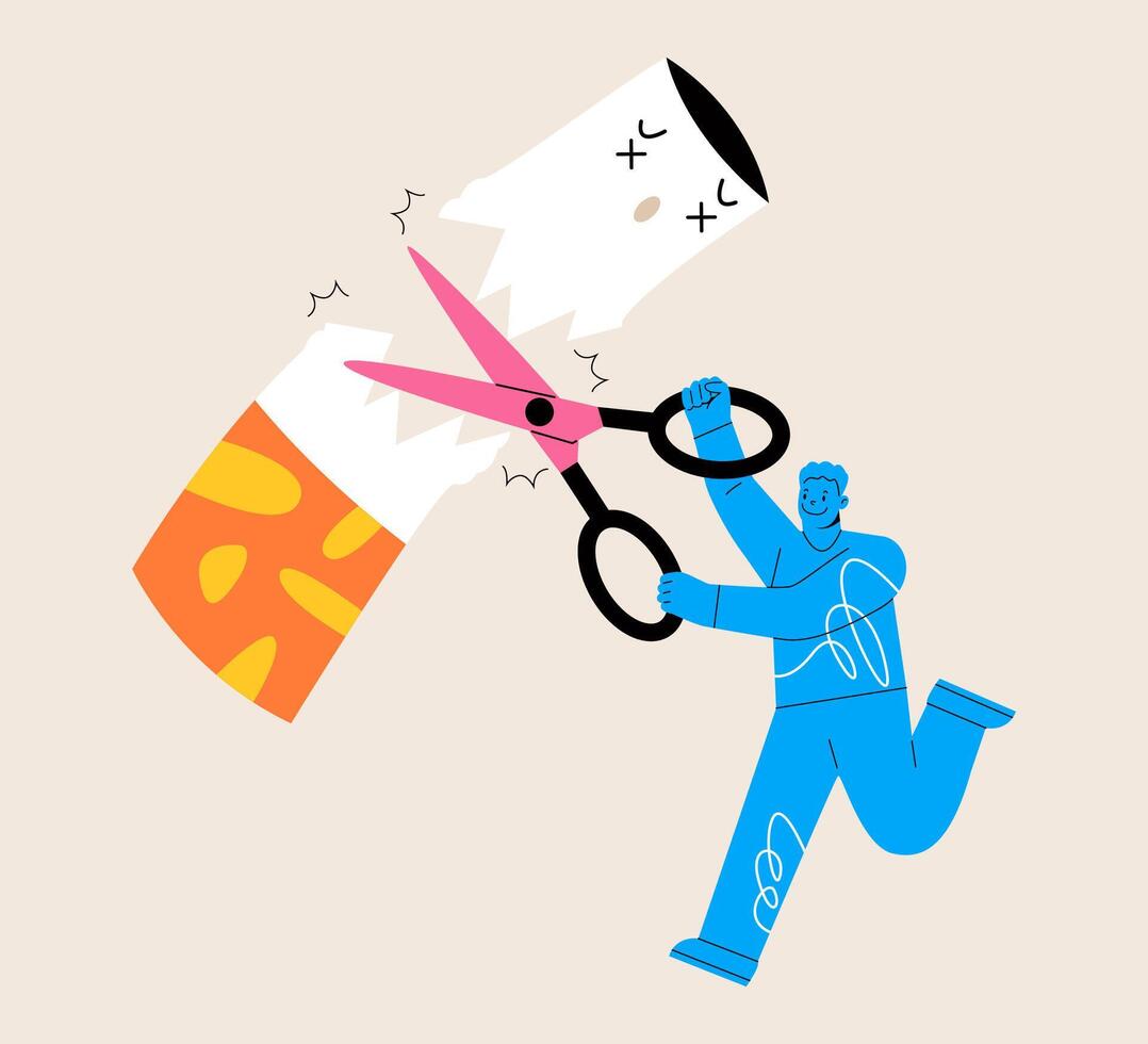 Man holding a scissors to cut a cigarette. Colorful illustration vector