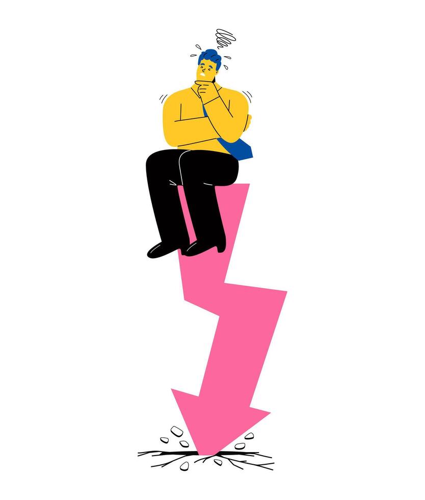 Unhappy business man sits on a fallen arrow. Sad business man in stress. Financial crisis. Flat illustration isolated on white background vector