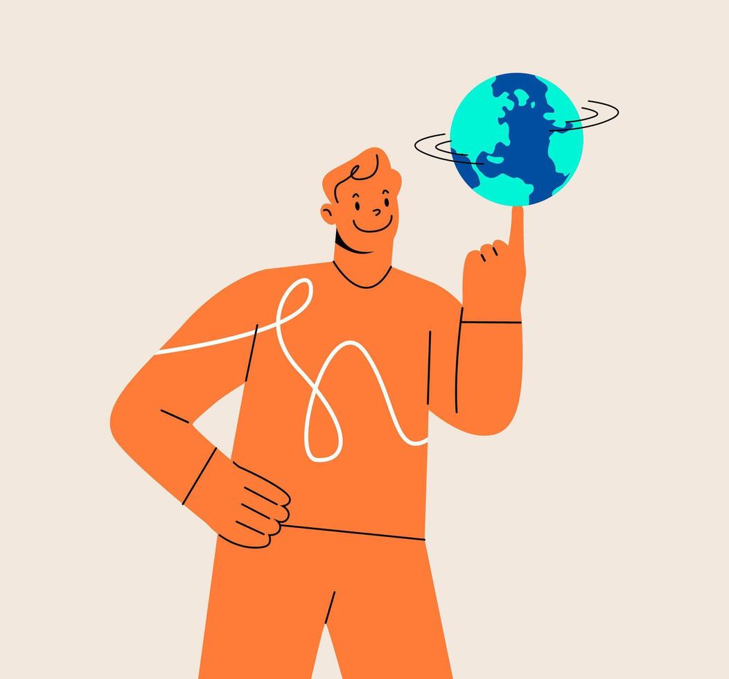 Man spinning planet earth on fingertip. World communication concept. Colorful illustration vector