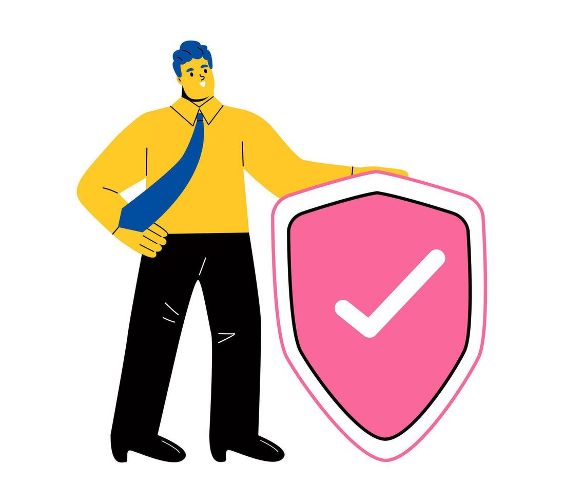 Business man holding shields. Business secure and protection concept. Flat illustration isolated on white background vector