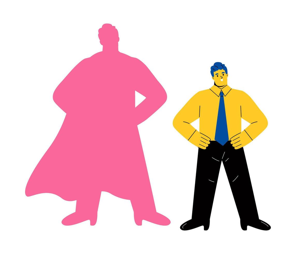 Business man with superhero silhouette, symbol of leadership, motivation, ambition. Flat illustration isolated on white background vector