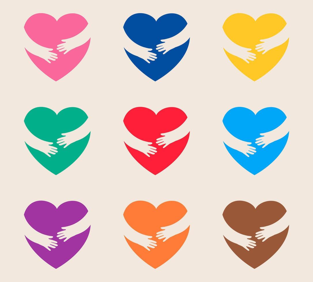 Hands hugging hearts. Hugs and support child, protection care concept. Colorful illustration vector