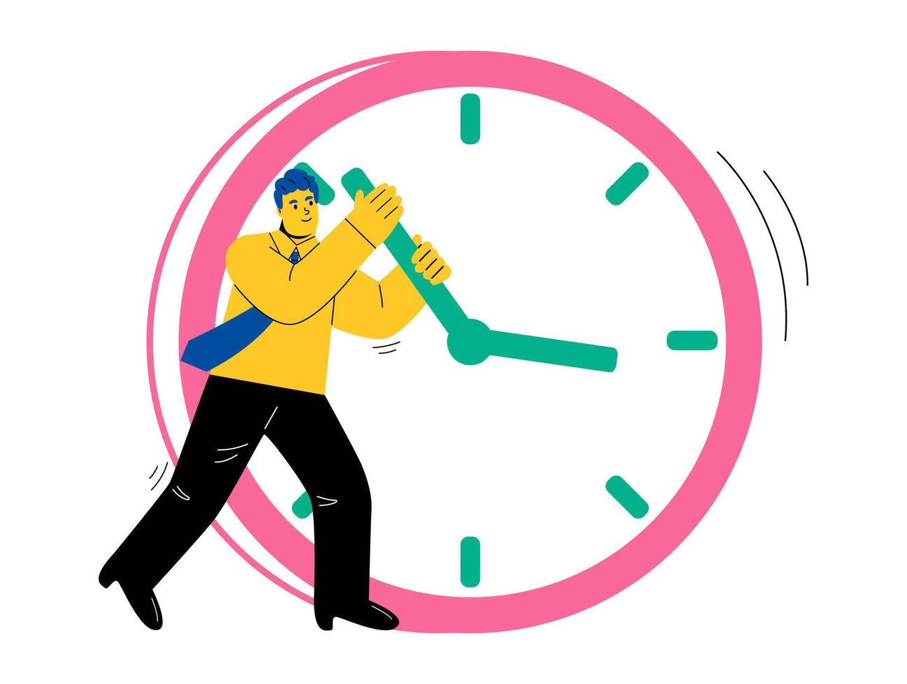Time management concept. Business man trying to delay time on big giant clock. Flat illustration isolated on white background vector