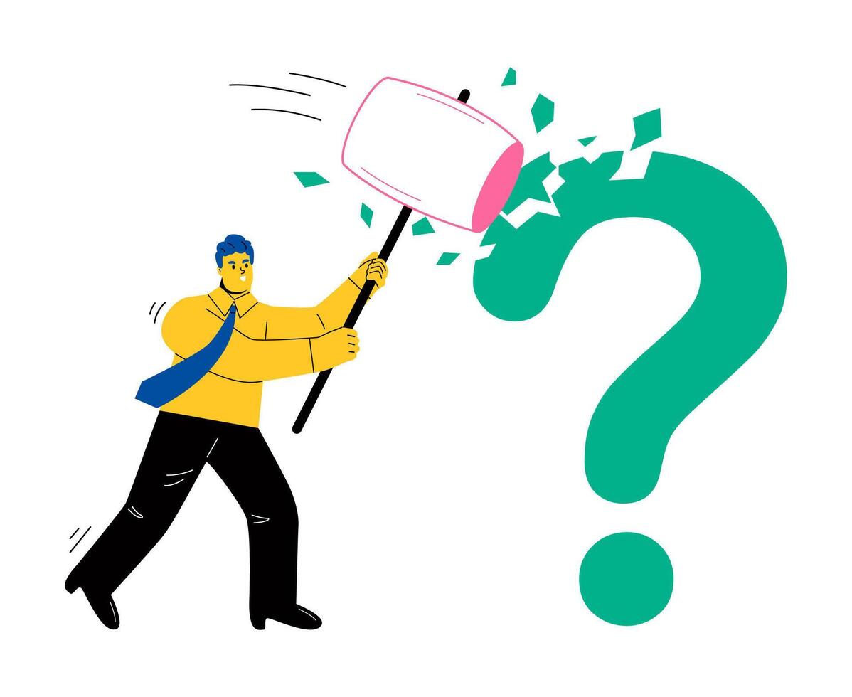 Business man break question mark. Decision making concept. Flat illustration isolated on white background vector