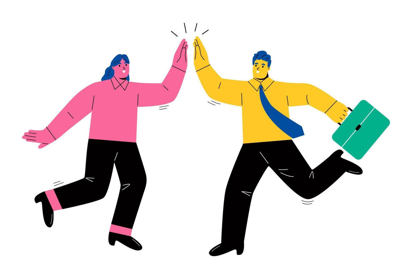 Happy businessman and woman teamwork coworkers jumping and hi five clapping hands. Team success winners. Flat illustration isolated on white background vector