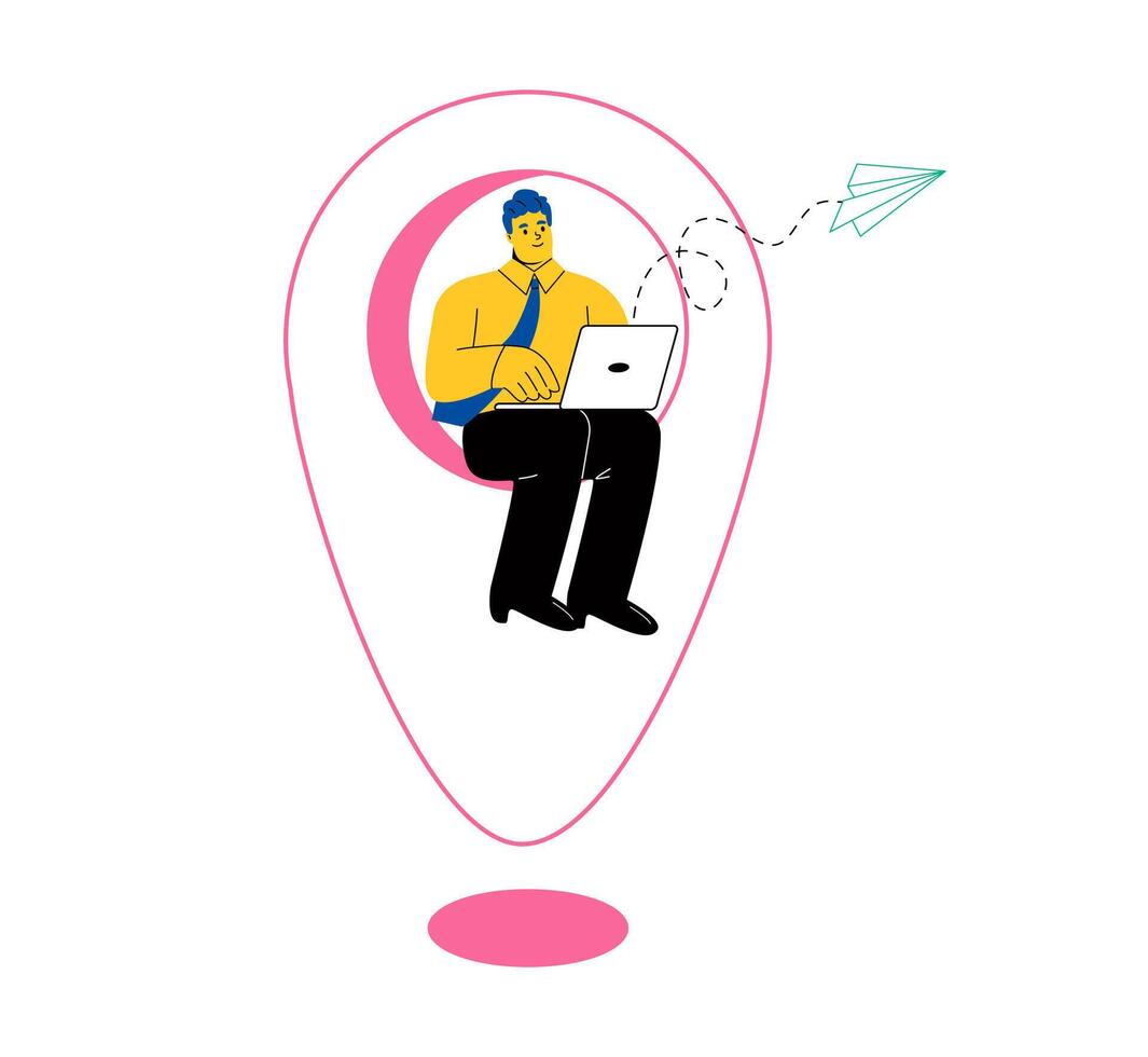 Business man working on map location pin using computer laptop. Remote job concept. Flat illustration isolated on white background vector
