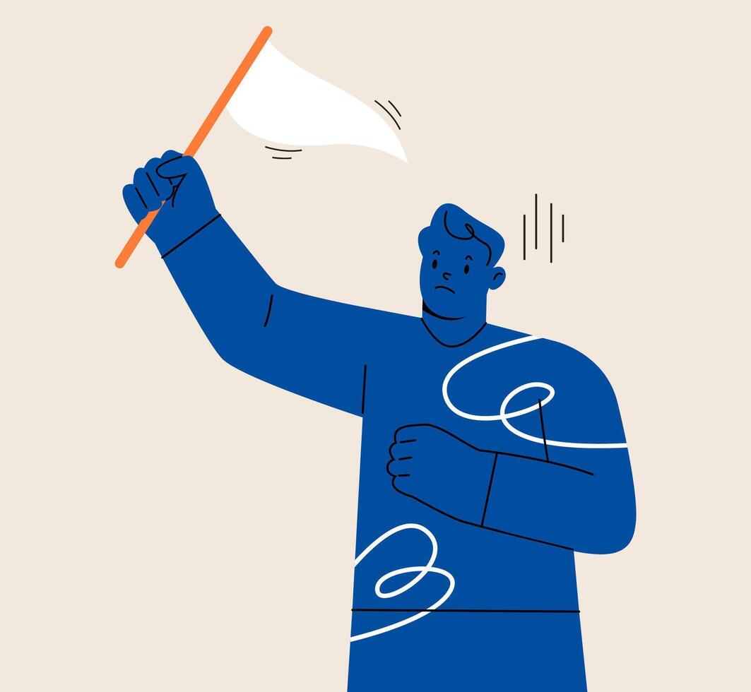 Sad man. White flag in hand, Hand holding blank flag, show failure and lose. Colorful illustration vector